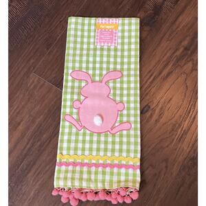 Pier 1 Imports Easter pink Bunny Appliqué Pompom tail Trim Tea Towel Yellow NWT